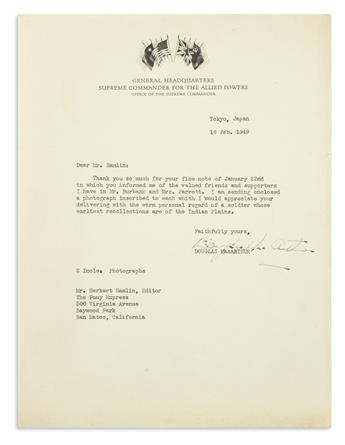 (WORLD WAR II.) MACARTHUR, DOUGLAS. Two items: Photograph dated and Signed * Typed Letter Signed.